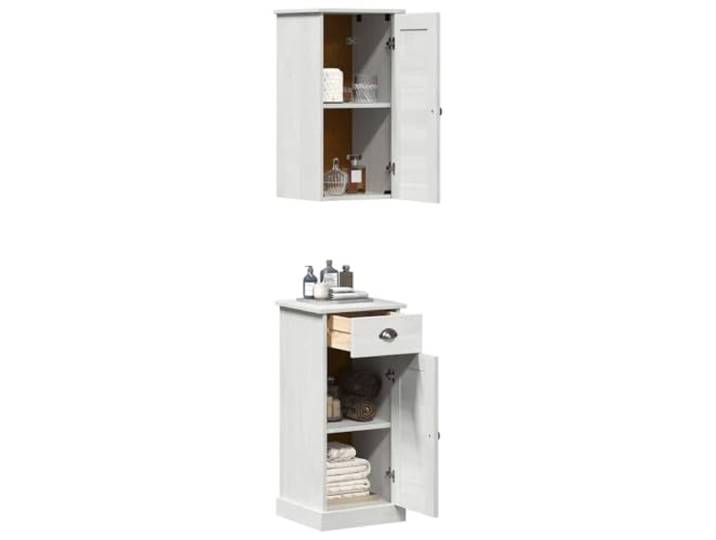 KTHLBRH Badmöbel mit Schublade VIGO 2 Stück Weiß und Antik Weiß Massives Kiefernholz, 4 Einlegeböden, 2 Türen, rustikaler Vintage-Stil, für den Innenbereich
