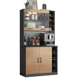 MODFU Küchen-Highboard 100x47x187 cm Natural+Grau mit LED-Beleuchtung, Glasfach, Mikrowellenfach, verstellbaren Fächern, Kabelmanagement und Anti-Kipp