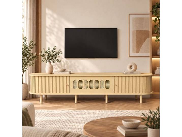 Meuble TV pour Télévision jusqu'à 75 Pouces Longueur 180 cm Style Rustique Rotin Couleur Bois Clair