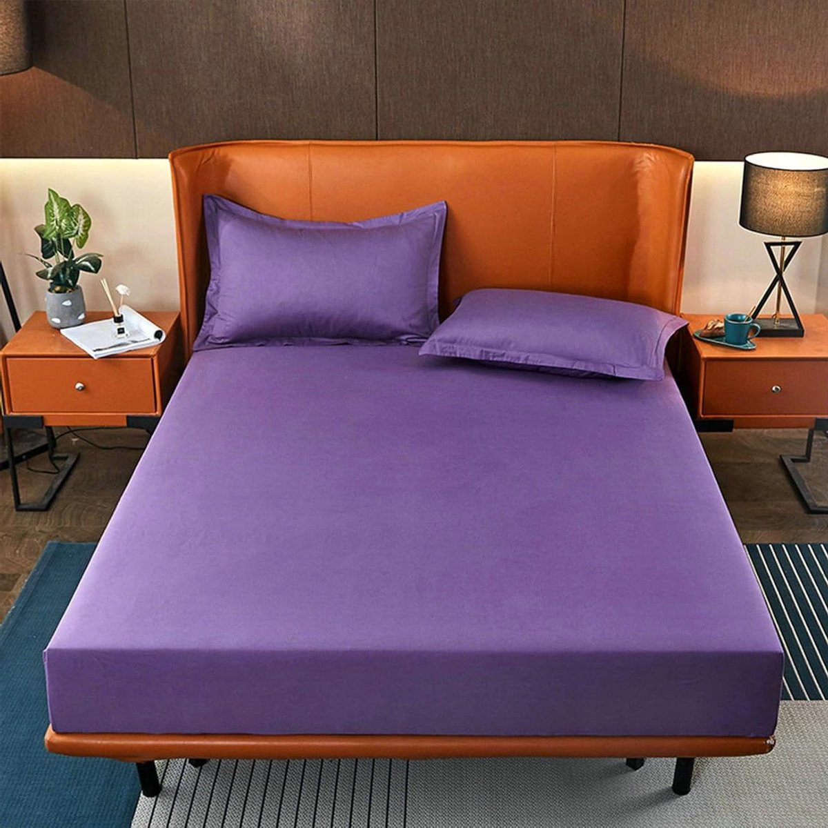 Paarse beddengoed set van 100% katoen met hoeslaken en kussensloop, 220x180 cm