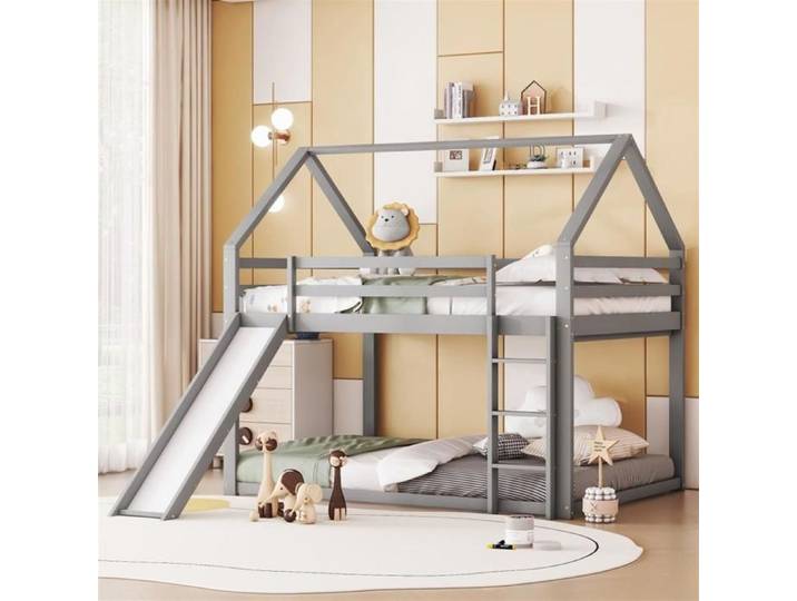 Lit superposé - Maison - Gris - 140x200cm - Toboggan - Bois massif
