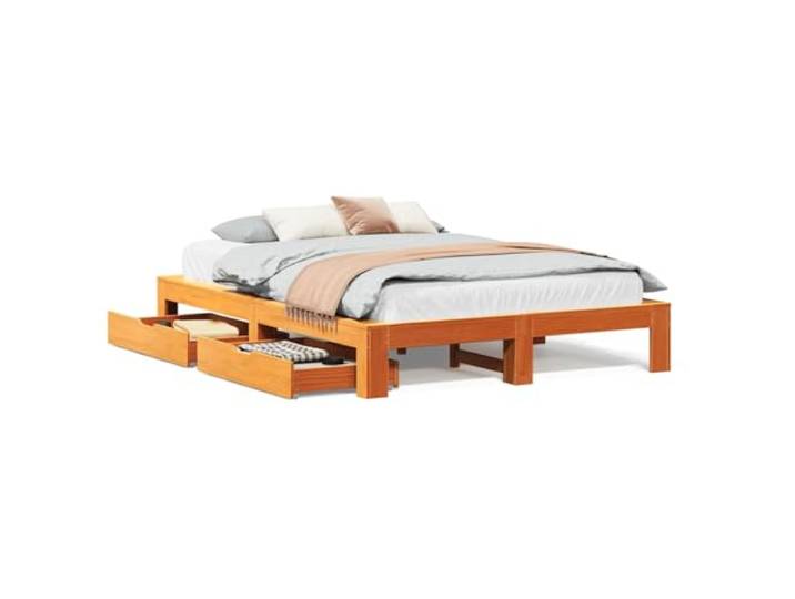PUGYNBK Massivholzbett Kiefer 150 x 200 cm ohne Matratze Untergestell mit 2 Schubladen, Lattenrost, 4 Rollen, Aufbewahrung für Schlafzimmer