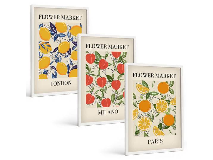 Tulup Bilder SET 3er Set - 40x60 cm Weißer Rahmen - Blumenplakate in Städten, Kunststoff, Rechteckig, 40x60 cm, Fotografie, Bilder & Rahmen, Bilder