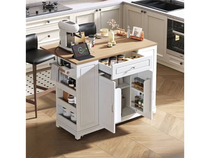 Ilot Central Cuisine Mobile Roulette Ilot Cuisine Extensible avec Multiprise USB Compartiment Poubelle Étagères Réglables Blanc