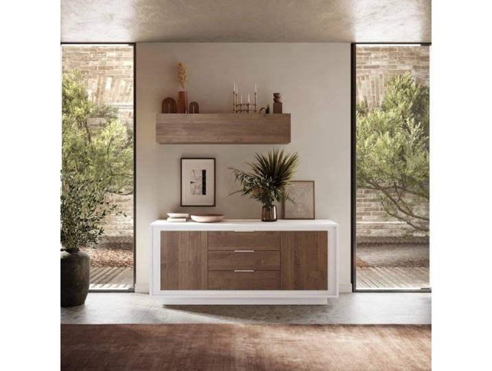 Buffet bas blanc et noyer 2 portes-3 tiroirs 180cm YORI