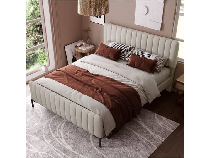 Lit double SENVIRO capitonné gris beige avec tête de lit réglable