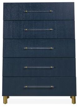 Benjara Herst 54 Inch Tall Dresser Chest, 5 Drawers, Acrylic Bar Handles, Blue Wood