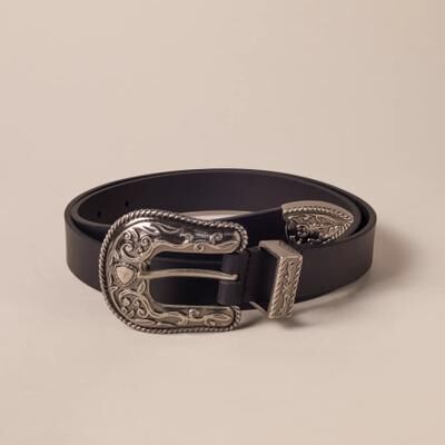 Lucky Brand Rope Engraved Western Buckle Leather Belt - Women's Accessories Belts in Black, Size L