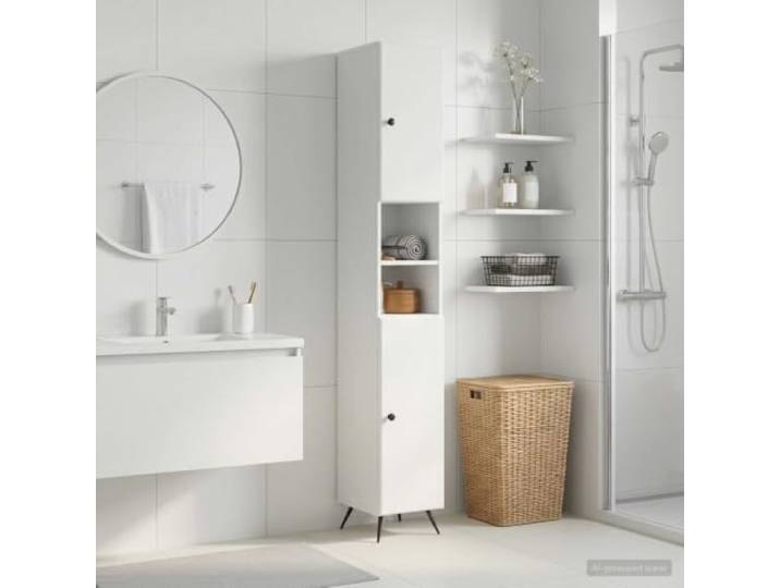 Badschrank Mit Offenem Regal BREDA Weiß 30 x 31 x 190 cm Holzwerkstoff Pendeltür beidseitig montierbar, feuchtigkeitsbeständig, Wandbefestigung inklusive, schlankes Standdesign