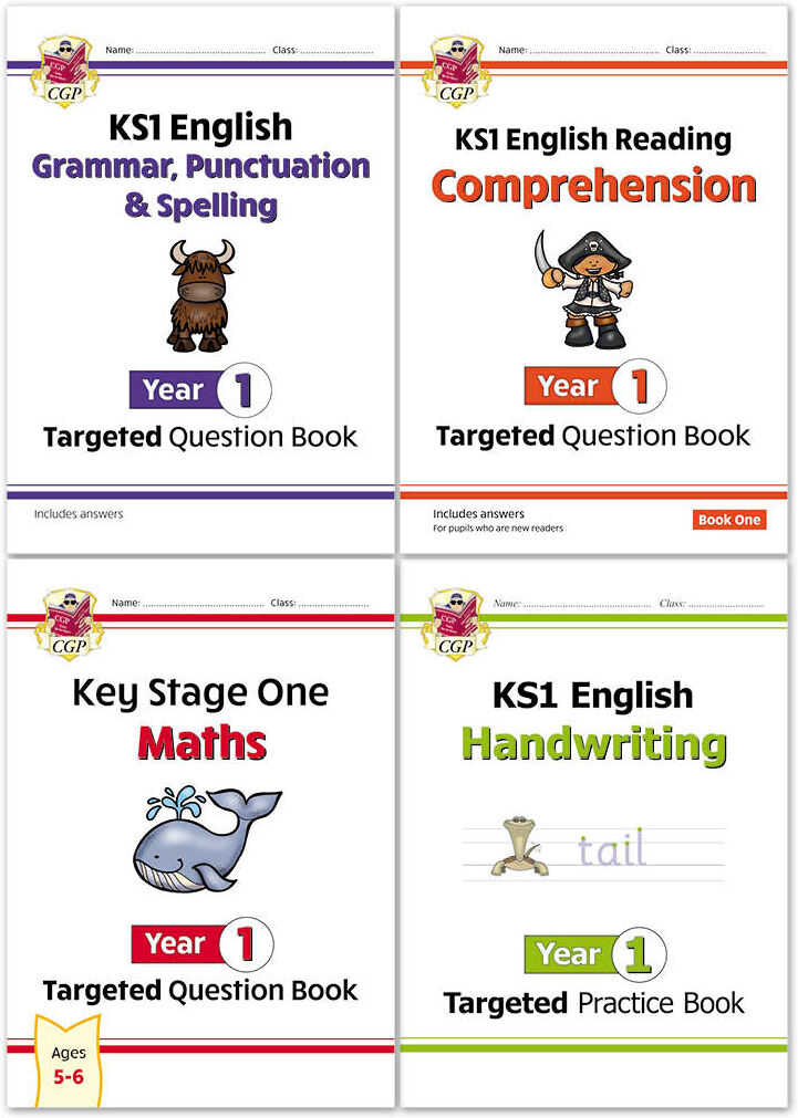 CGP Books CGP KS1 Year 1 Workbook Bundle – Ages 5-6 (Grammar Punctuation and Spelling, Reading Comprehension, Handwriting, Maths)