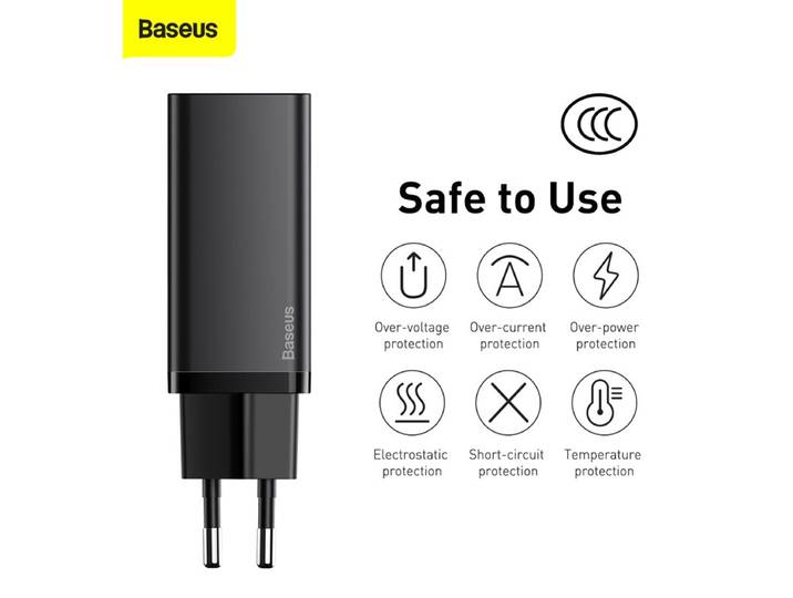 Baseus GaN2 Lite C+U 65W GaN-Schnellladegerät EU Schwarz, kompatibel mit iPhone 18 Serie, iPhone 18 Pro/Pro Max/Duo