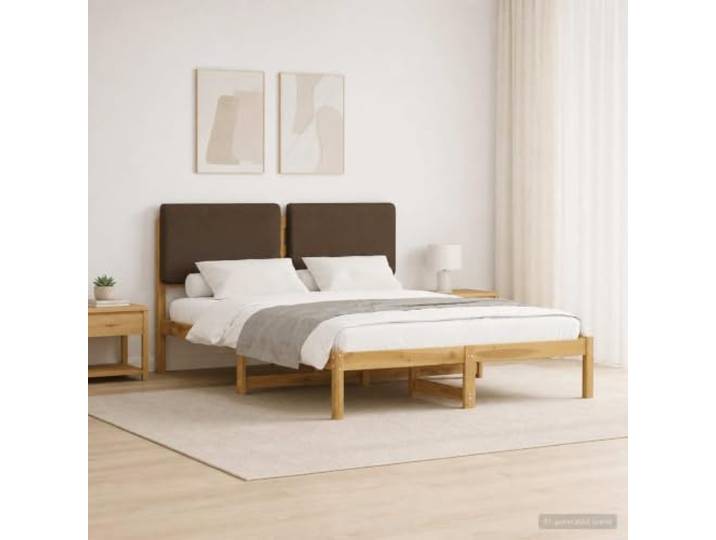 Bett mit Kopfteil aus Akazienholz, 160 x 200 cm Akazienholz, Kopfteil aus Leinenimitat, Bezug abnehmbar und waschbar, moderner Stil, 160 x 200 cm