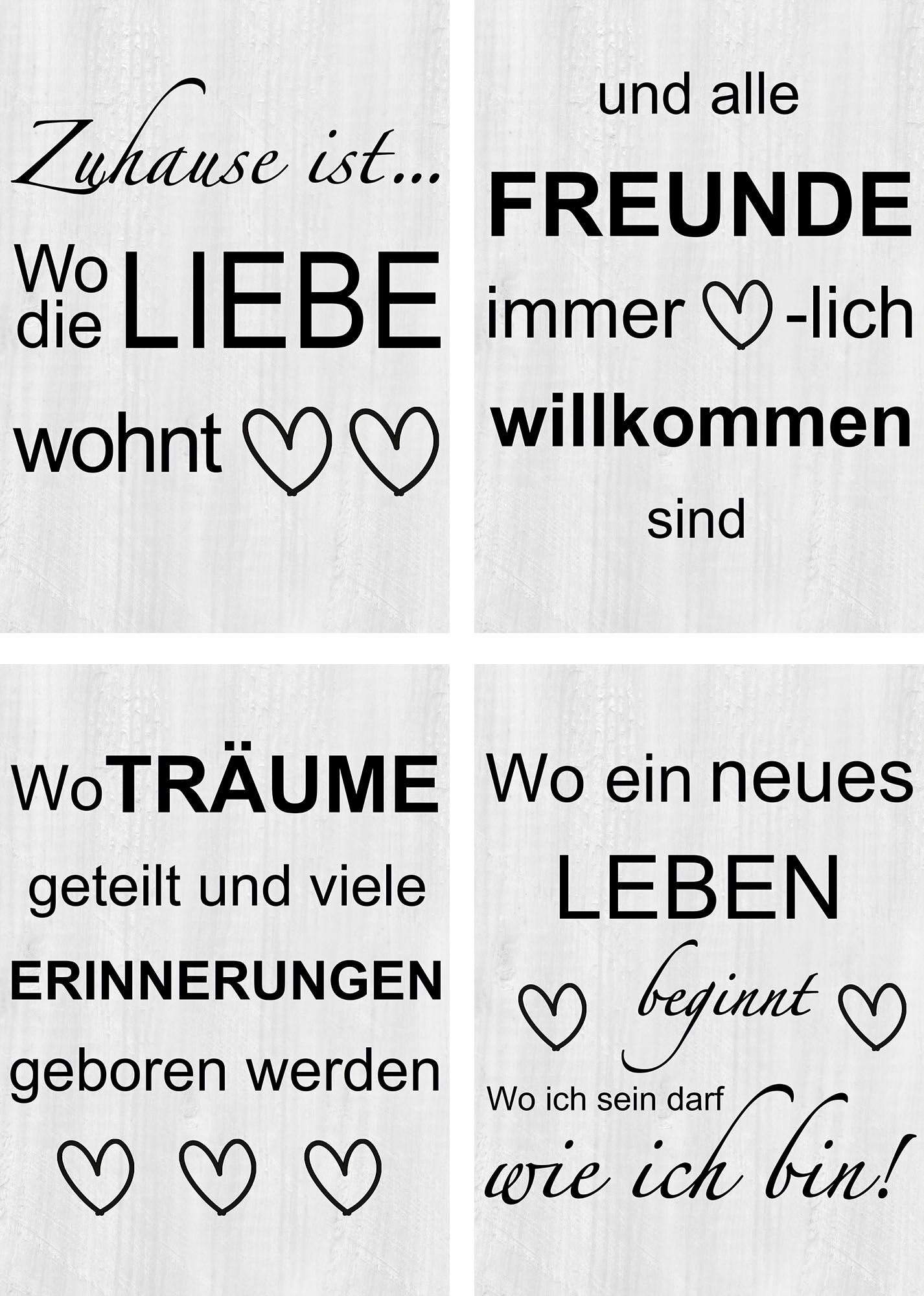 Poster ARTLAND "Wo die Liebe wohnt 1-4", grau (farbe bild(er): grau), B:29,7cm H:42cm, Bilder, Poster, Bilder Set, 4tlg., ohne Rahmen farbe bild(er): grau B/H/T: 29,7cm x 42cm, Poster Sprüche & Texte Hochformat, 4 Stk.