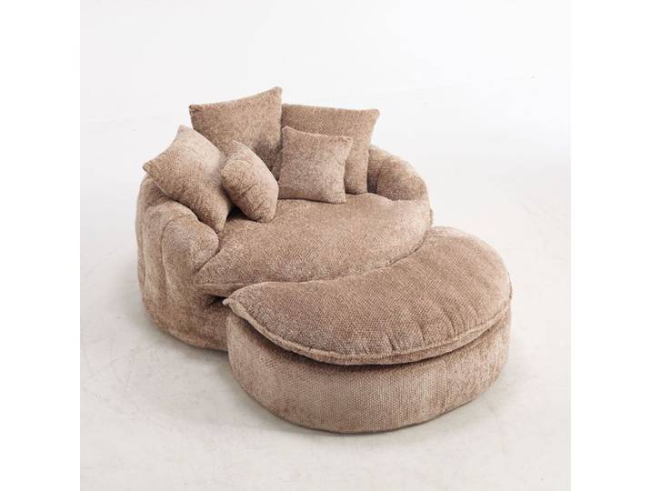 Fauteuil Lounge Rond en Tissu Bouclé avec Pouf Inclus Grand Fauteuil Confort Oversize Café