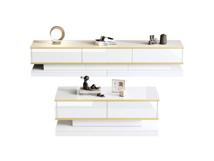 Ensemble salon: console TV 3 tiroirs + table basse 2 tiroirs coloris blanc brillant ornements dorés
