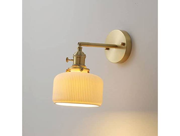 Japanischer weißer Keramikschirm E27 1-Licht-Wandlampen, gebürstetes Messing, verstellbare Wandleuchte, Arbeitszimmer, Lesewand, Leuchte, modernes Interieur, Schlafzimmer, Nachttisch-Wandleuchten