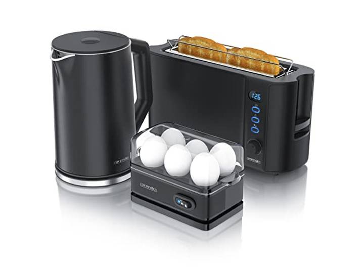 Arendo - Wasserkocher mit Toaster SET und Eierkocher, Edelstahl Schwarz Wasserkocher 1,5L 40° - 100°C, Toaster 2 Scheiben LED-Display 6 Bräunungsgrade Eierkocher 1-6 Eier Messbecher BPA frei