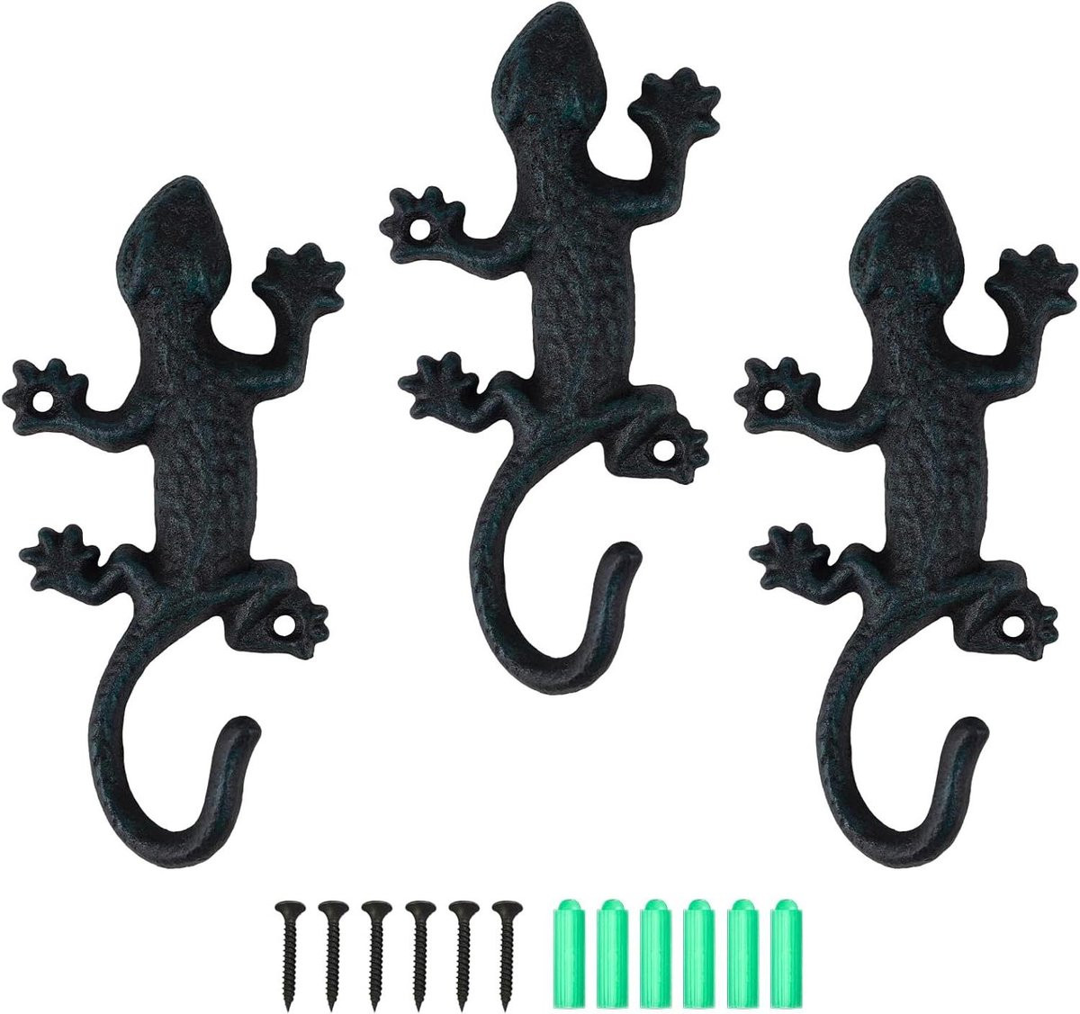 Allecto Plus Set van 3 Gecko Garderobehaken - Rustieke Gietijzeren Wandhaken - Zwart-groen