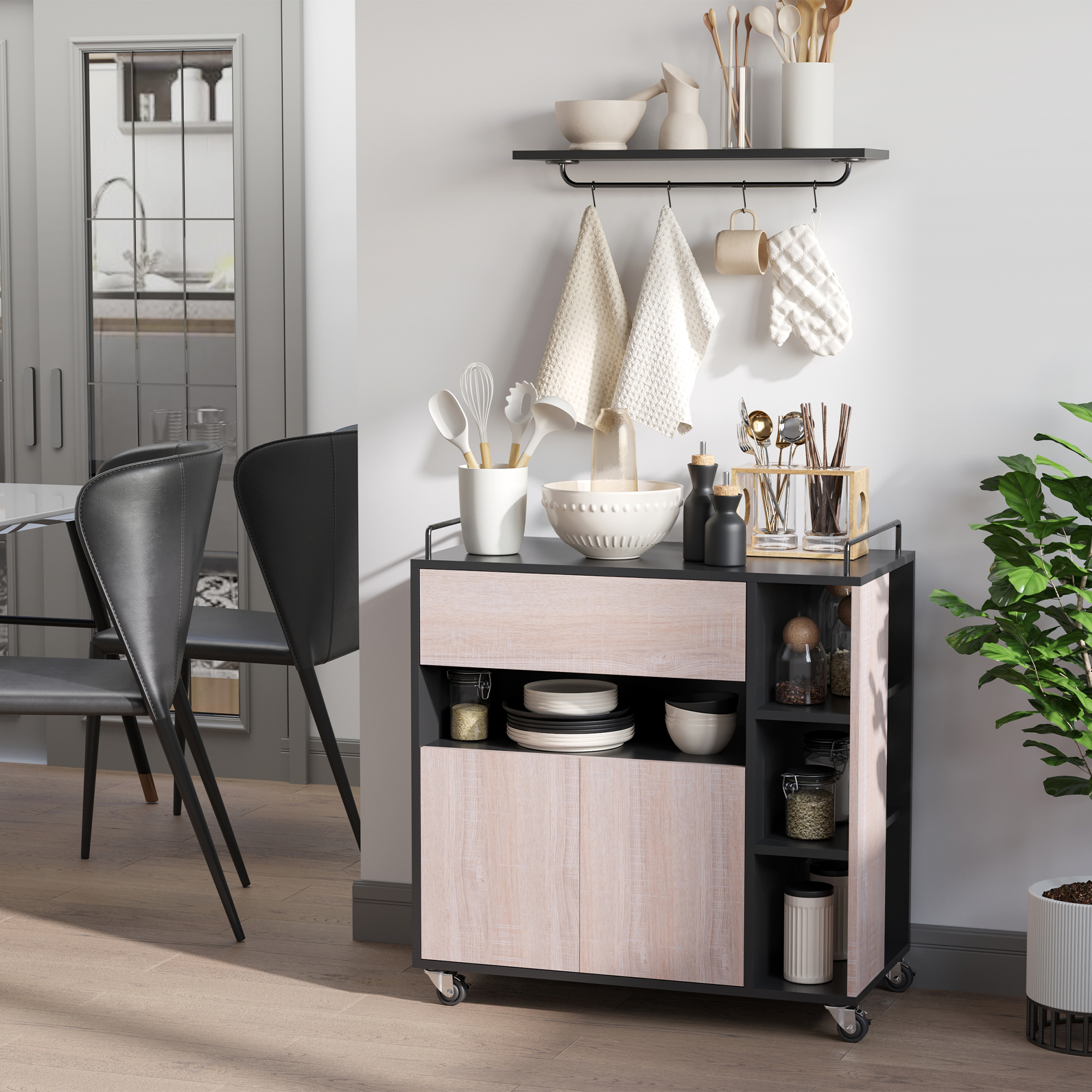 Homcom Carrello da Cucina Multiuso Moderno con Ruote Cassetto Anta in Legno Rovere, 76,5x40x82cm Aosom