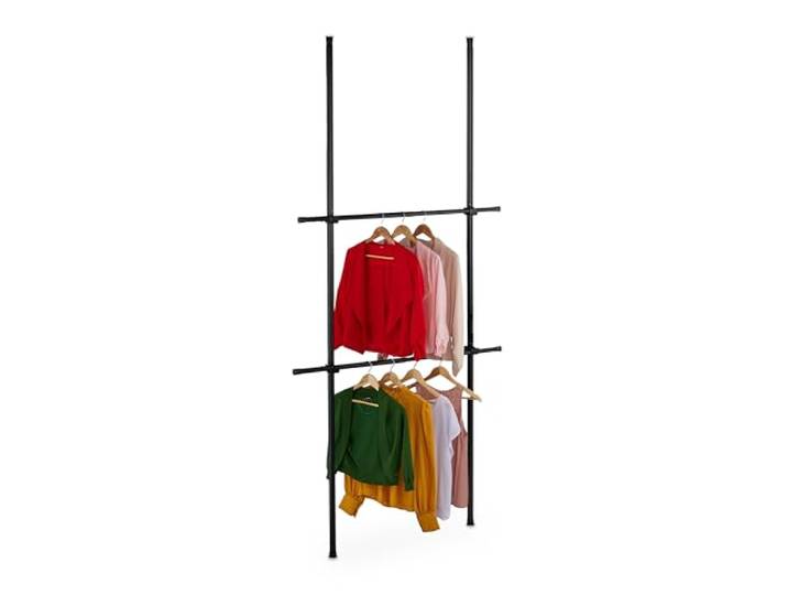 Relaxdays Garderobensystem Teleskop, 165–300 cm höhenverstellbar, 75–120 cm Breite, ohne Bohren, Kleiderständer, schwarz