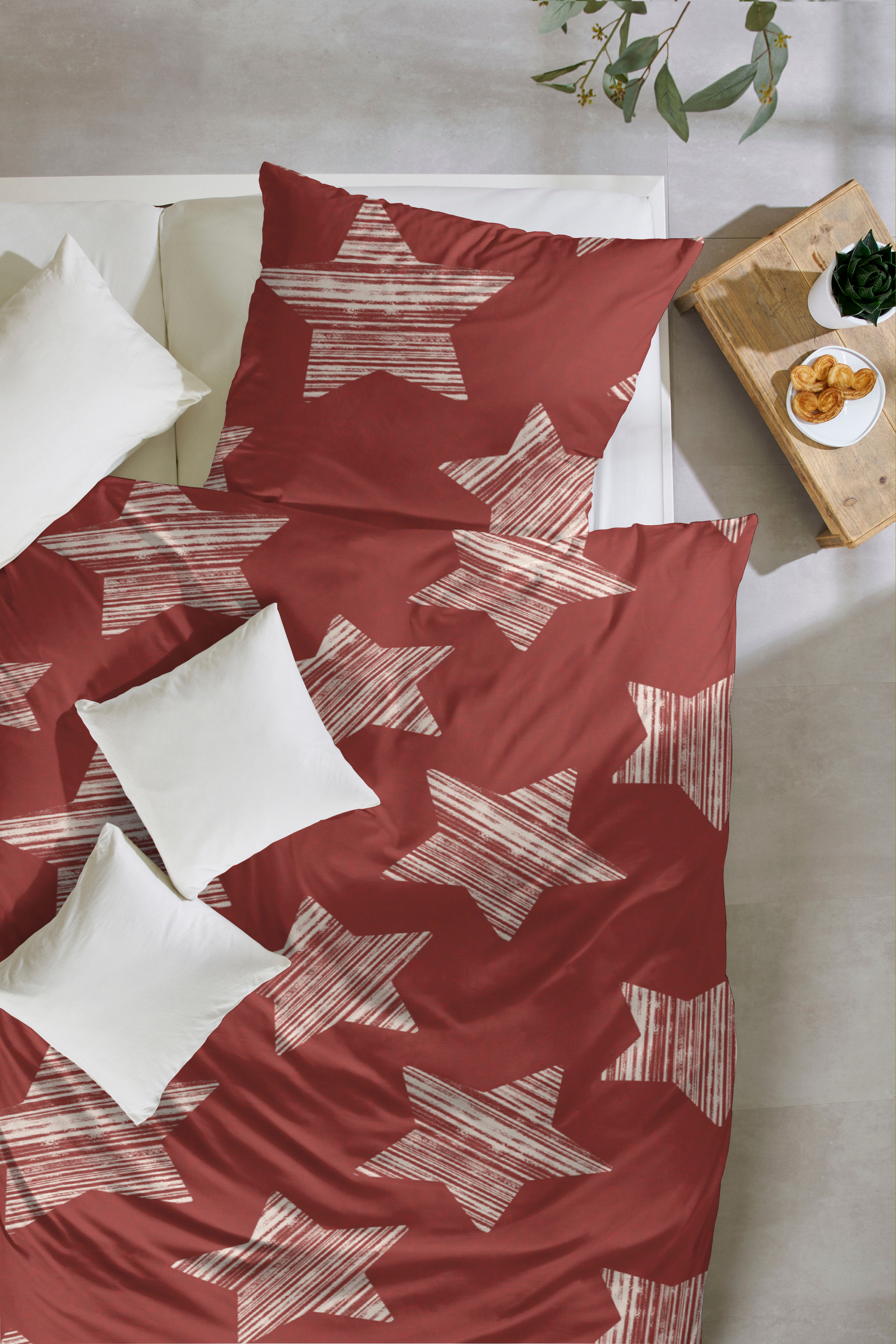 Bettwäsche PRIMERA "Feinbiber-Bettwäsche Stars", rot, B/L: 135cm, 1 Stk., 1 Stk., Feinbiber, B/L: 80cm x 80cm, 2 Stk., Feinbiber, Obermaterial: 100% Baumwolle, Bettwäsche, Bettwäsche, mit winterlichen Sternen rot B/L: 135cm, 1 Stk., 1 Stk., Feinbiber, B/L