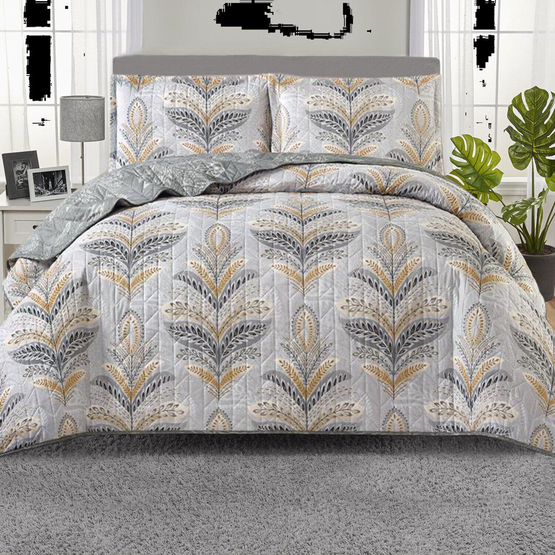 Marlow Home Co. Amalyah Floral Bedspread with Pillowcases Silver Single