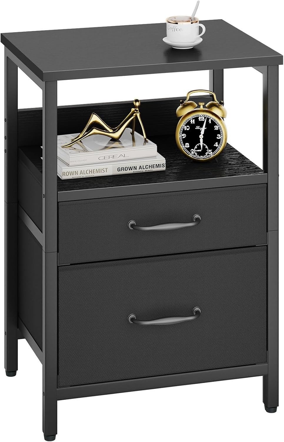 Moderne Bedside Table met 2 Stoffen Lades en Open Plank, Zwart Metalen Frame
