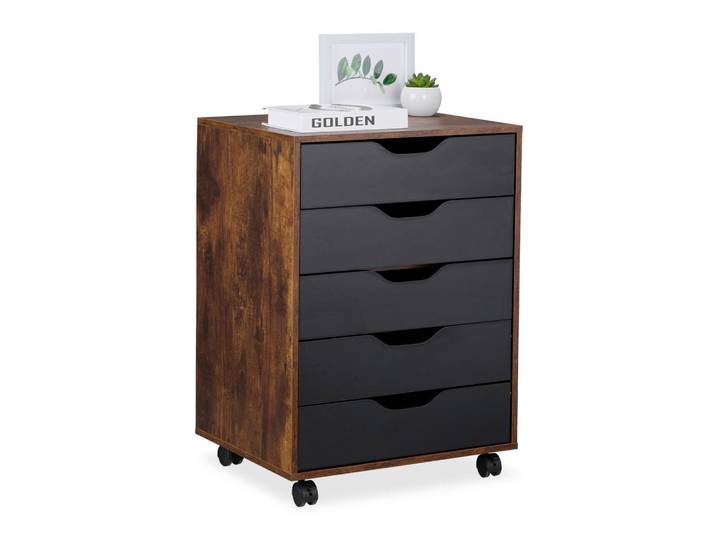Relaxdays Rollcontainer Schwarz Industrial 5 Schubladen, Mehrfarbig, Kunststoff, 48x66.5x39.5 cm, Büromöbel, Schreibtischcontainer, Rollcontainer