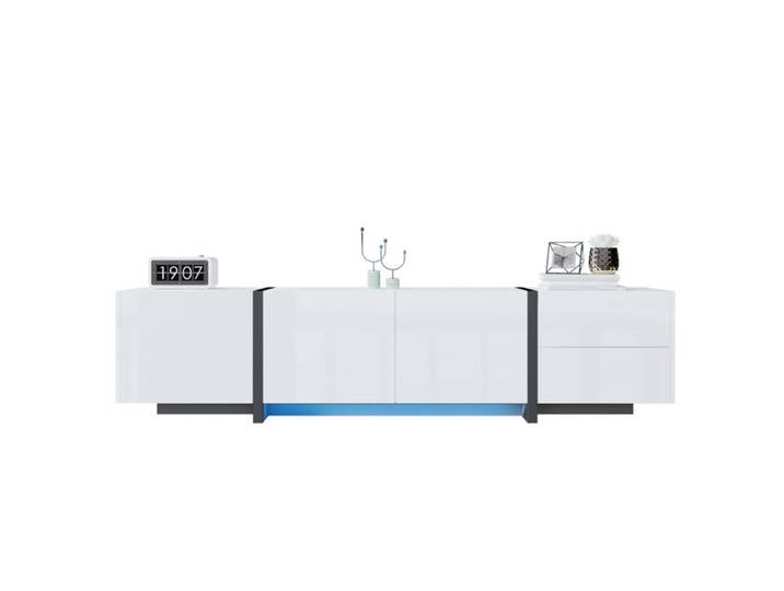 Meuble TV blanc brillant et noir avec portes tiroir et abattant