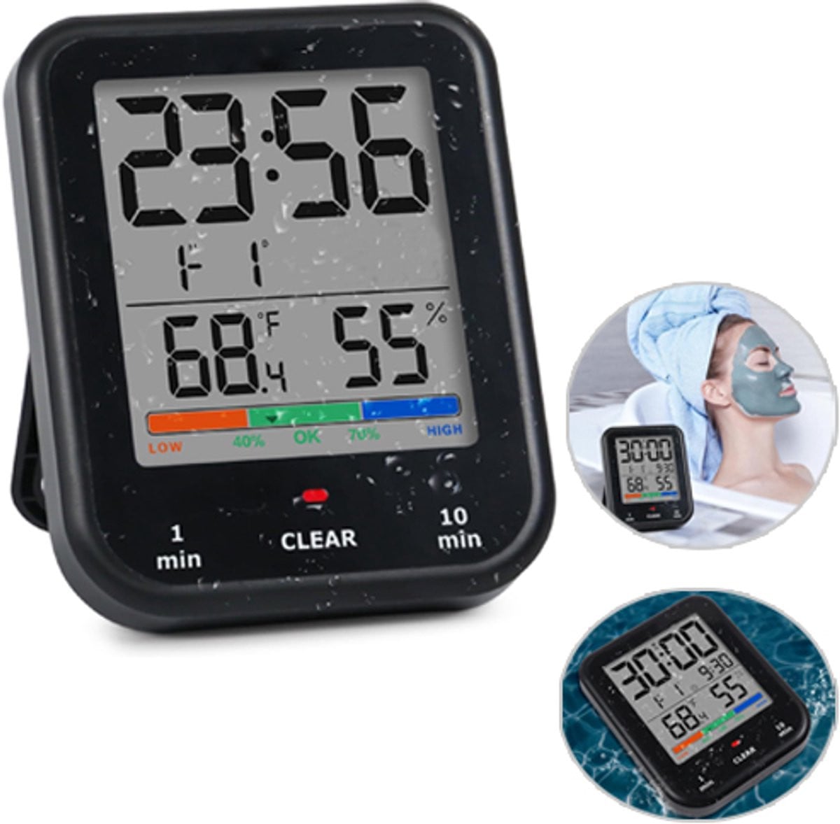 Digitale Hygrometer en Badkamerklok met Waterdichte Douchetimer en Temperatuurweergave - Zwart