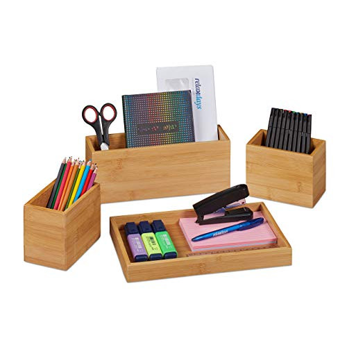 Relaxdays Bureau organizer set van 4 stuks, bamboe, beige/bruin, multi-compartiment
