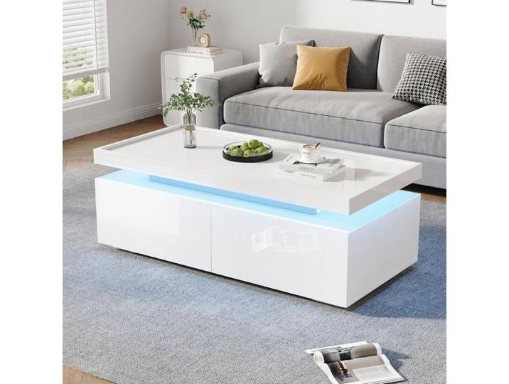 Table basse salon - LEMONBEST - Lemonbest - Blanc brillant - LED contrôlable (appli) - 2 tiroirs