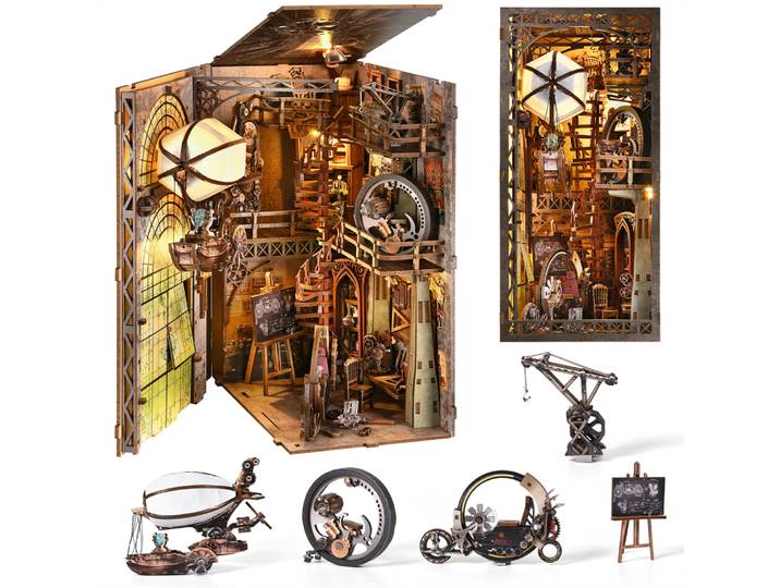 Kit de coin de livre l'inventaire, modèle de dirigeable, puzzle 3D en bois, bricolage, décoration de la maison pour étagère, insertion de livre magique, support d'étagère de maison