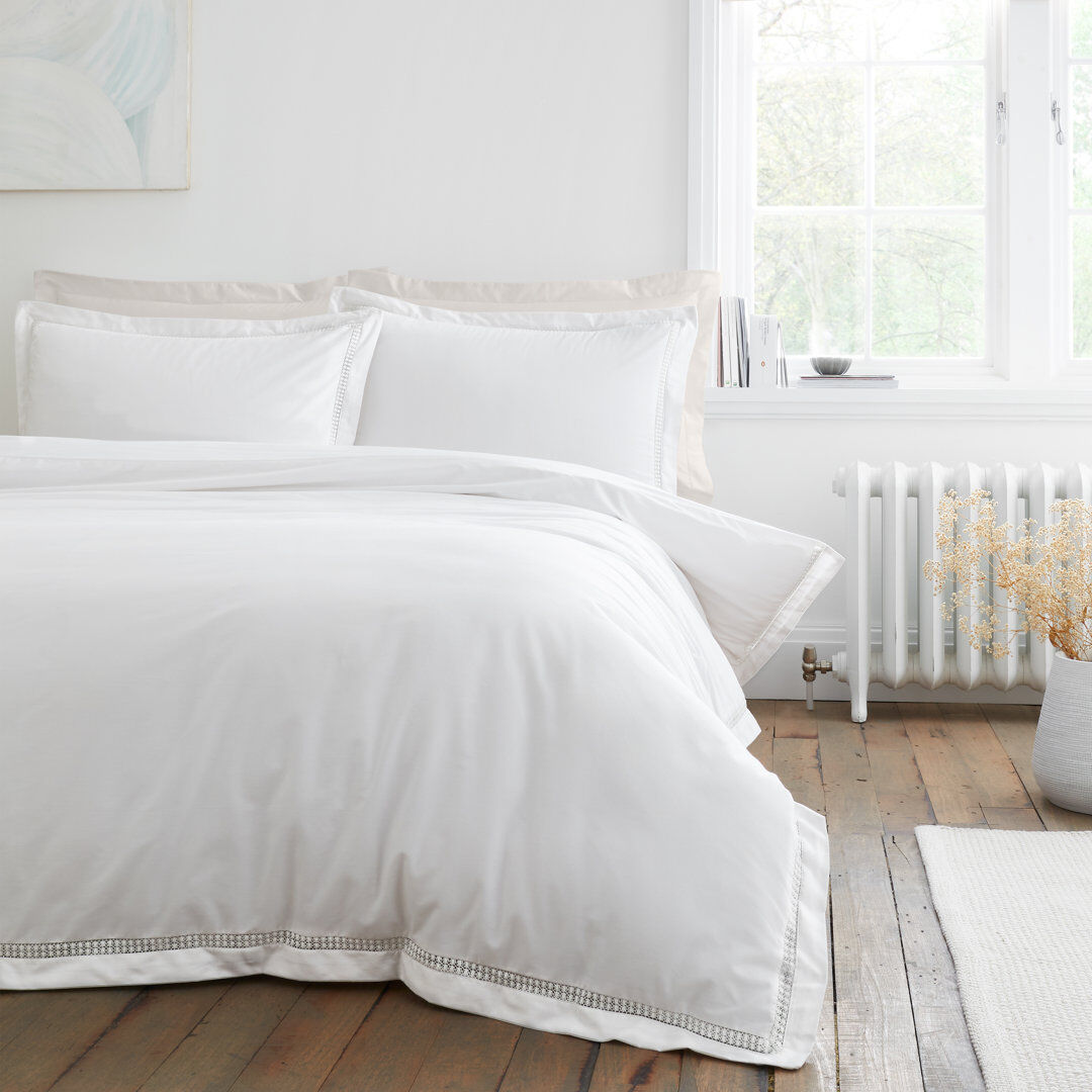 Bianca Cotton Oxford Lace 200 Thread Count Cotton Duvet Cover Set White Kingsize Duvet Cover + 2 Standard Pillowcases