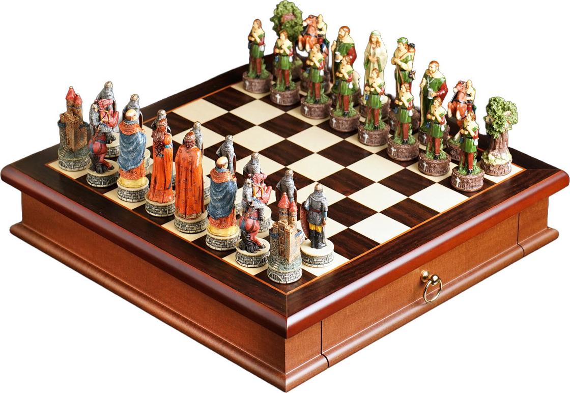 Italienisches Schachset Harz Robin Hood + Schachbrett Rosenholz 32
