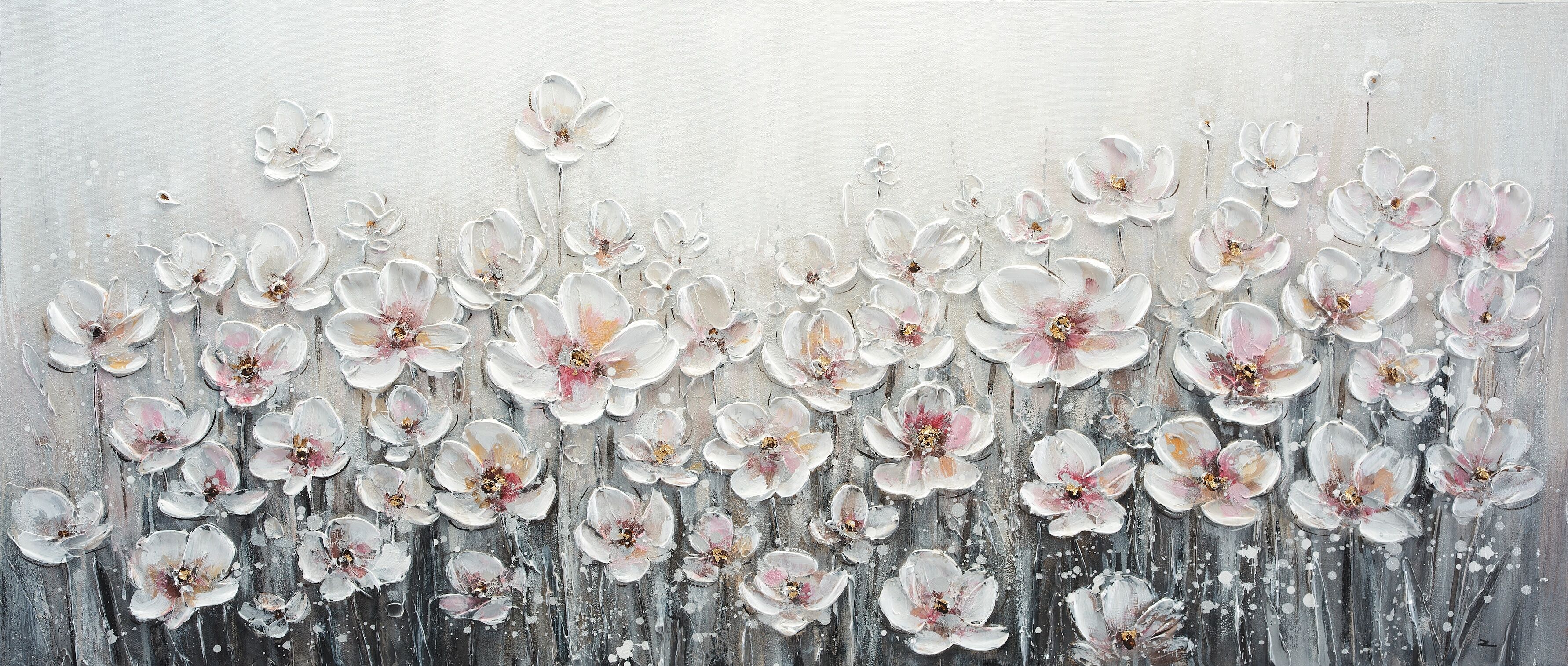 Ölgemälde BÖNNINGHOFF "handarbeit WEISSE BLUMEN XXL 60x140 cm – Wandbild Kunst Deko", weiss (farbe bild(er): weiß, rosa, beige), B:140cm H:60cm T:2cm, Acrylfarbe, Canvas, Holz, Bilder, Ölgemälde, handgefertigt, jedes Bild ein Unikat farbe bild(er): weiß, 