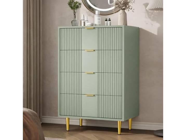 GarveeHome 4-Schubladen-Kommode im Mid-Century-Design, geriffelte Front & Metallgriffe – platzsparend für Schlafzimmer, Wohnzimmer oder Flur – Olivgrün