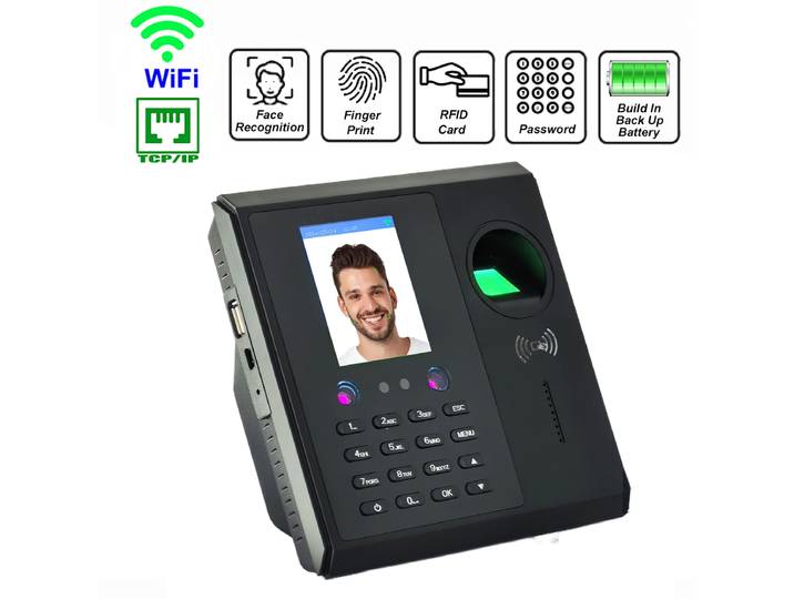 Machine de pointage et de reconnaissance faciale CF16 avec WiFi, lecteur d'empreintes digitales, carte RFID, batterie de secours 2000mAh, horloge de pointage pour employés.