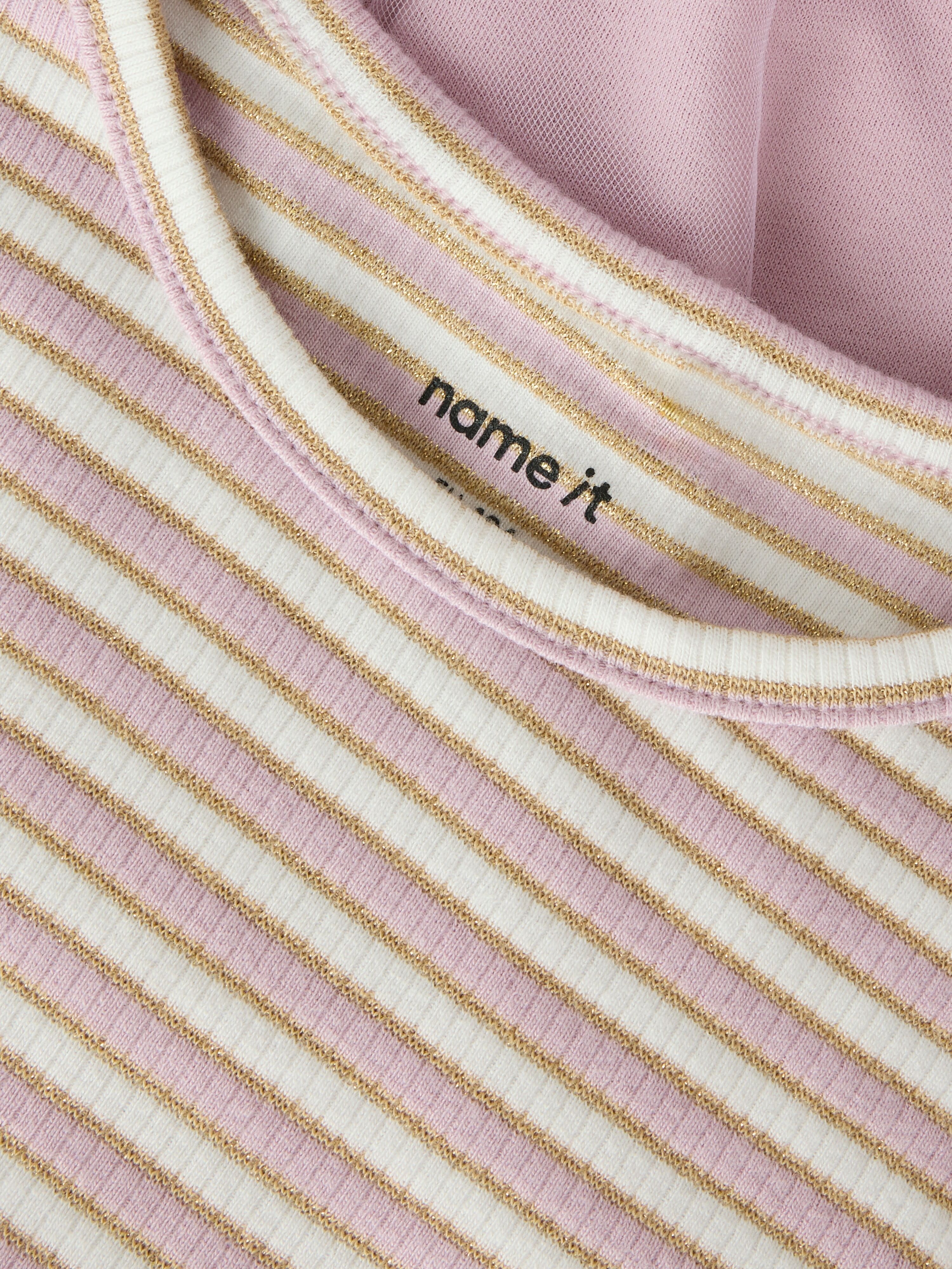 Minikleid NAME IT "NMFTAIAS LS TULLE DRESS", Damen, Gr. 128, N-Gr, Langarm, Jersey, dawn pink stripes:cloud dancer, Jersey, Obermaterial: 90% Baumwolle, 5% Elasthan, 5% metallisierte Fasern, geringelt, gestreift, unifarben, bequem, Rundhals, Kleider Minik