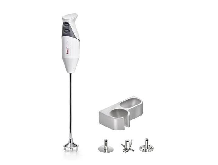 bamix Stabmixer Set G350 GASTRO PRO-3 inkl. Multifunktionsmesser, Quirl-Aufsatz und Schlagscheiben-Aufsatz, Halterung, 300 Watt, 2 Stufen, Edelstahl, Made in Switzerland, Weiß/Lichtgrau