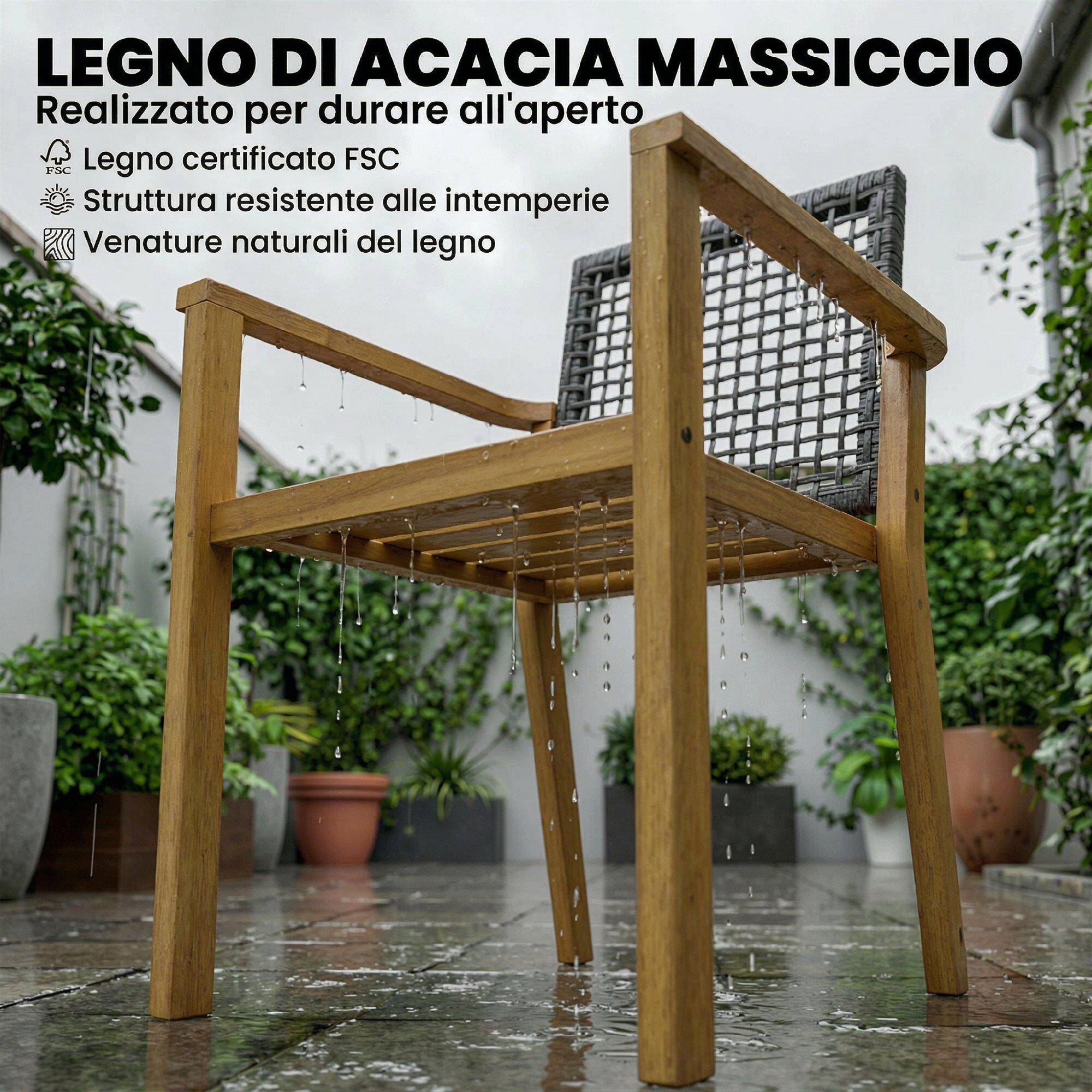 Altro Set 2 Sedie Da Giardino In Legno Di Acacia Con Cuscini, Legno Naturale