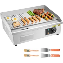 VEVOR Gewerbliche Elektrische Grillplatte 3200 W, Tischgrillplatte 535x300 mm Grillfläche, Elektrogrill, halb Gerillt, halb Glatt, mit 2 Spateln & 2 Bürsten & Fußpolstern, für Steaks Pfannkuchen