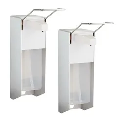 Relaxdays Desinfektionsspender, 2er Set, 1000 ml, Eurospender für Desinfektionsmittel & Seife, Wandmontage, silber/weiß
