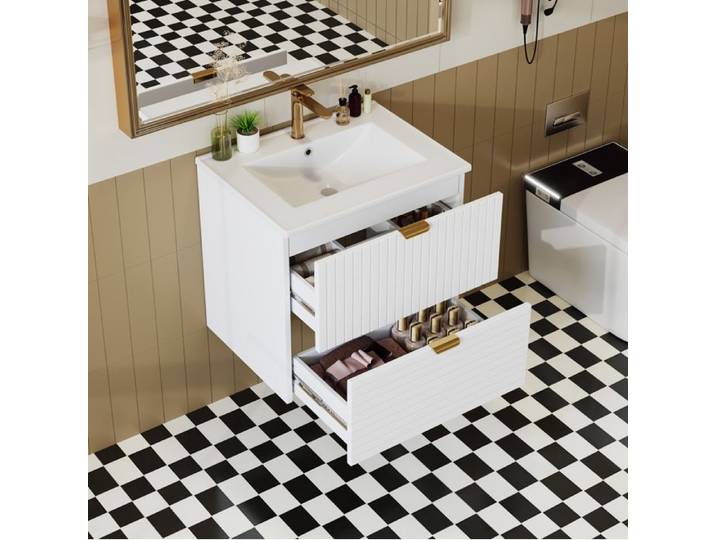 Meuble sous vasque mural 61 x 46 x 57 cm Blanc MDF laqué avec vasque céramique et 2 tiroirs
