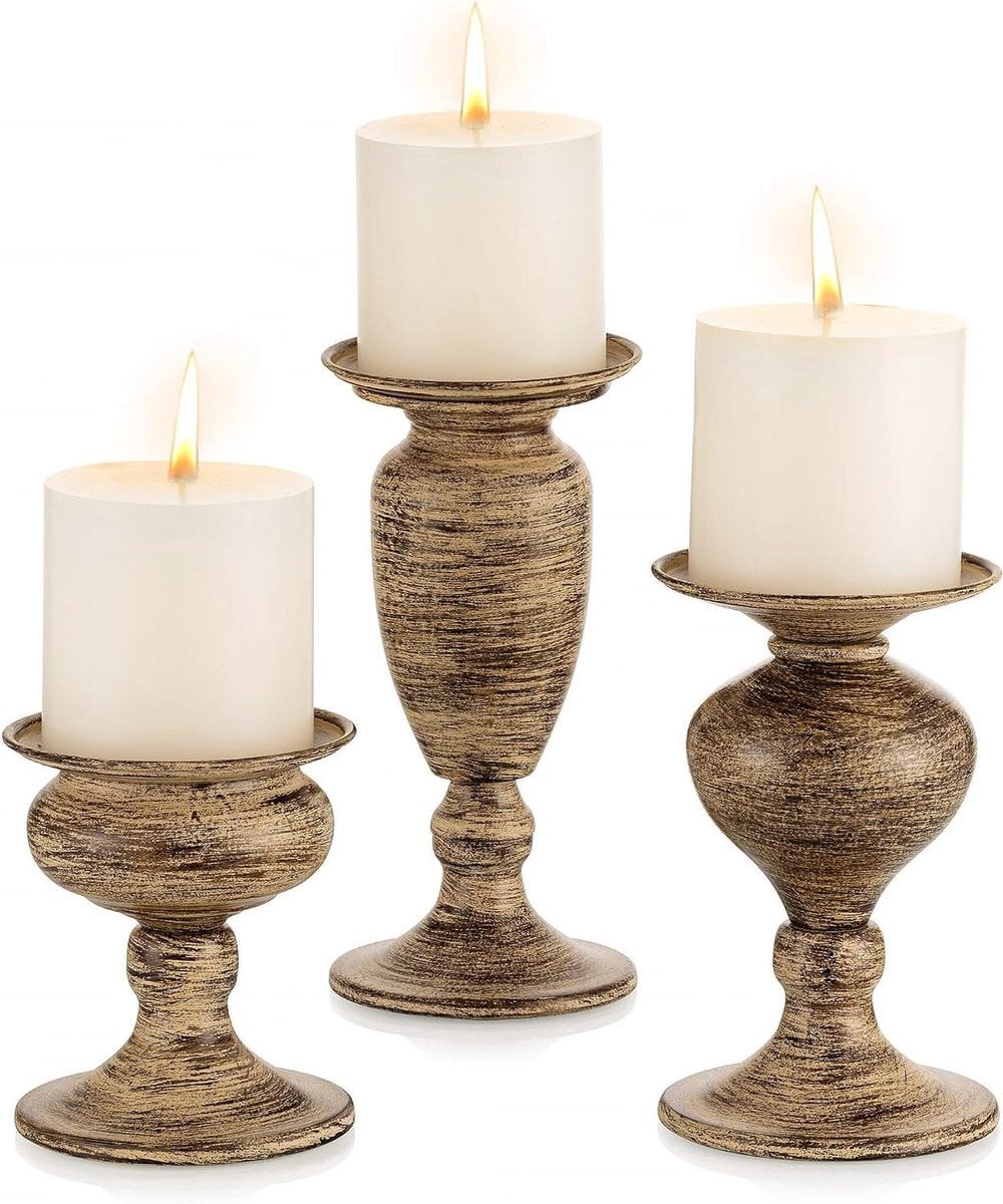 Set van 3 bruine kaarsenstandaards in vintage distressed stijl voor stompkaarsen of kaarsjes