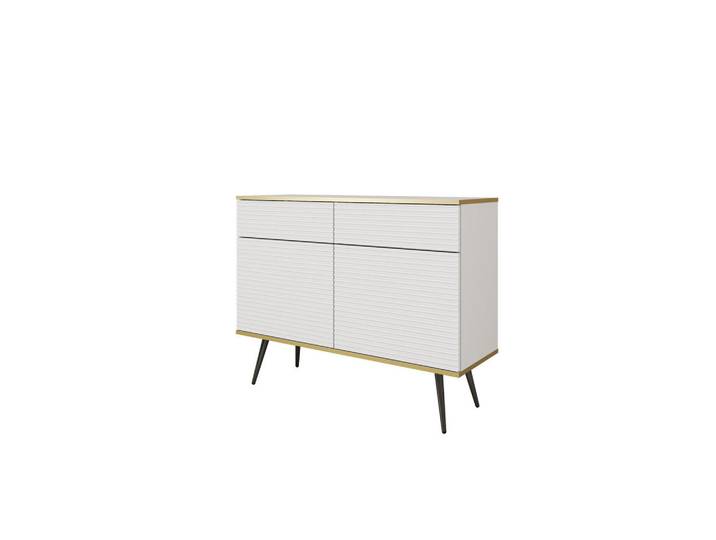 Ravio Kommode Forno (Weiß, Rillenfront, Goldene Details, 2 Türen, 2 Schubladen, schwarze Metallfüße, 107 cm), Weiß, Schwarz, Eiche, Rechteckig, 107x85x39 cm, Kleinmöbel, Kommoden, Sideboards