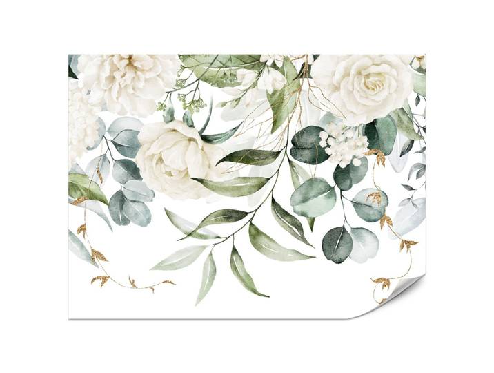 FOTOTAPETE für Schlafzimmer Aquarell Weiße Blumen Pfingstrosen Blätter Natur 200x140