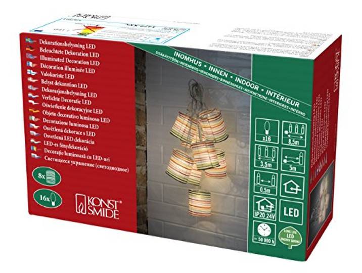 Konstsmide LED Dekolichterkette, bunte Papierlaterne, 16 warm weiße Dioden, 24V Innentrafo, transparentes Kabel - 1479-503