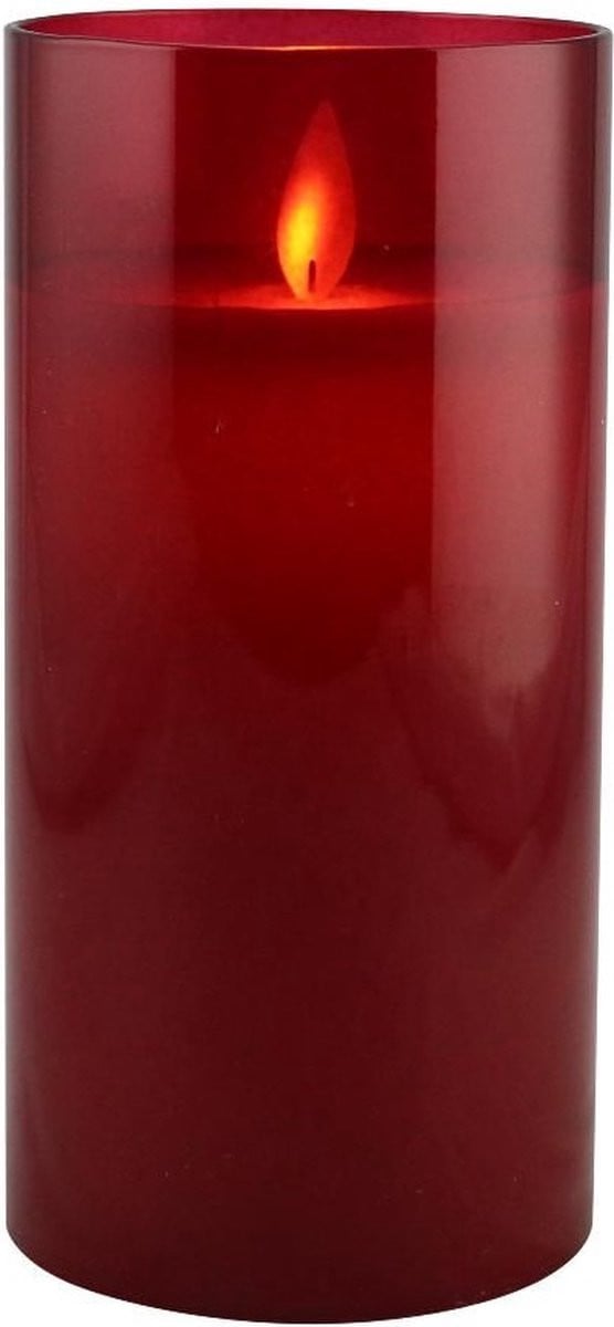 Magic Flame Led-kaars in rode glazen kaarshouder, 15 x 7 cm