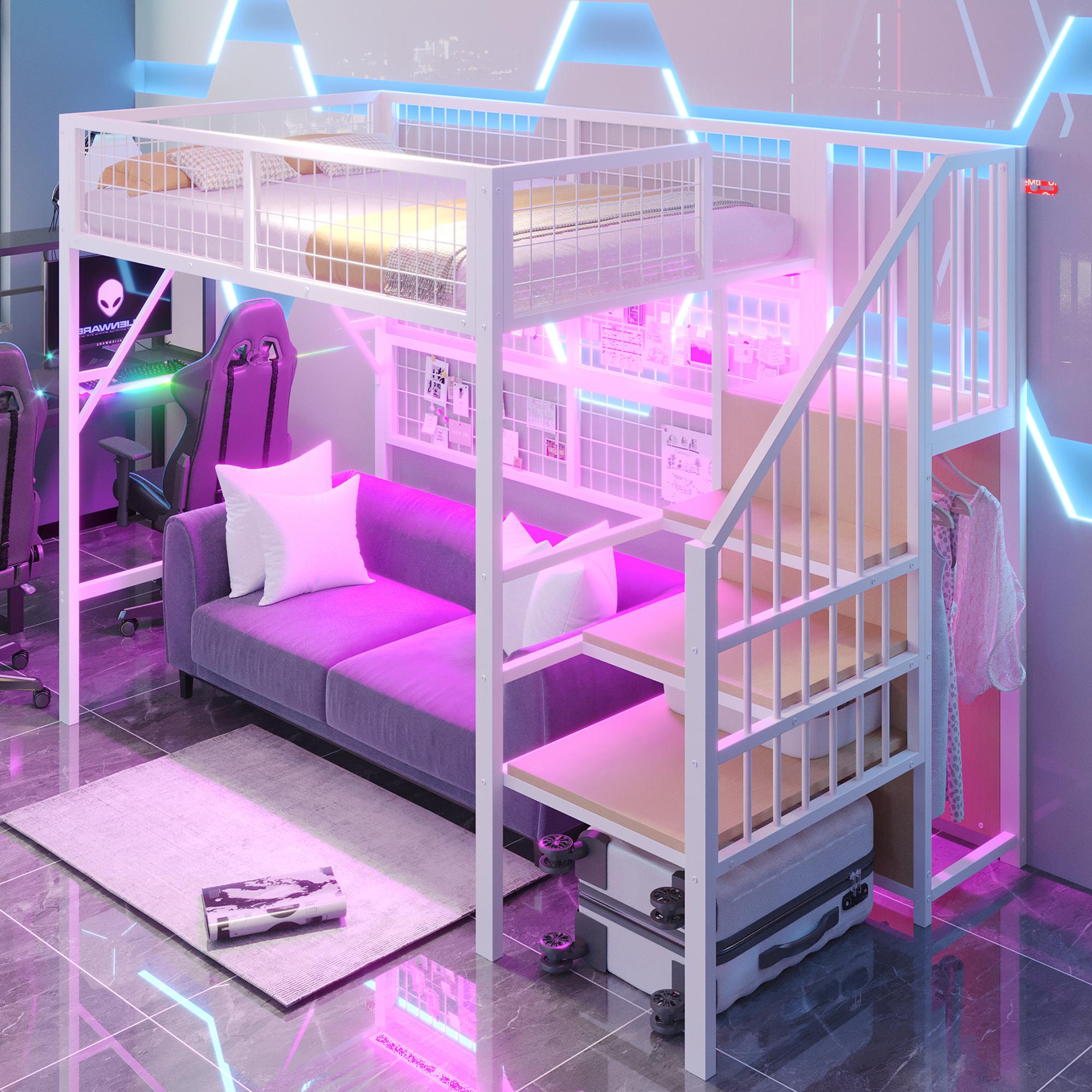 MODFU Etagenbett 90×200 Jugendbett mit APP-gesteuerten und LED-Lichtleisten,Eisenbett mit Treppestauraum und offenem Kleiderschrank,für Kinder und Jugend,ohne Matratze,Weiß